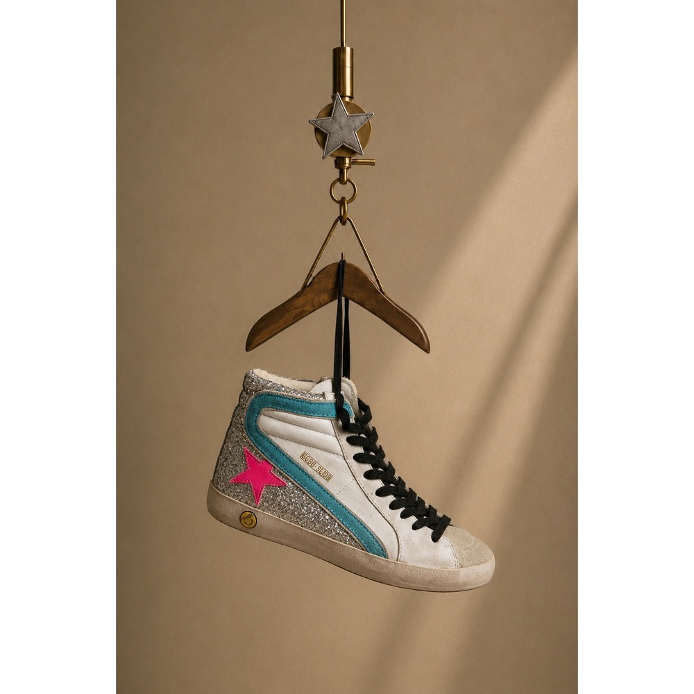 Golden Goose Slide Sneakers 34 Pink Star Glitter Turquoise High Top GGDB Smiley